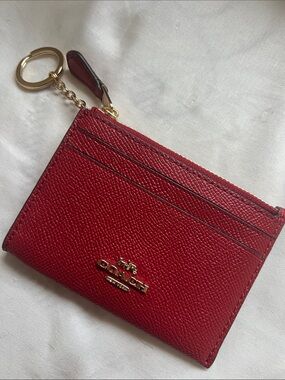 COACH Red Pebbled Leather Card Holder with Gold Key Ring